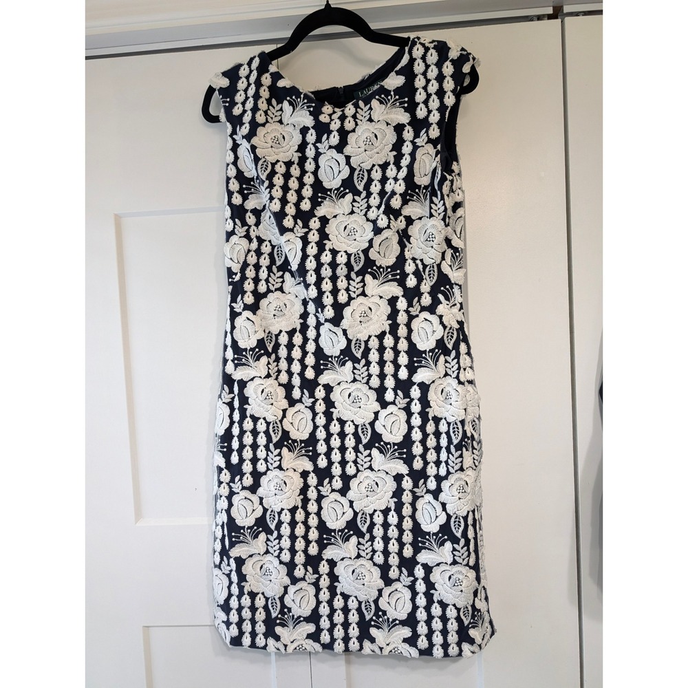 Lauren Ralph Lauren Navy Blue White Floral Embroidered Sheath Dress Size 8